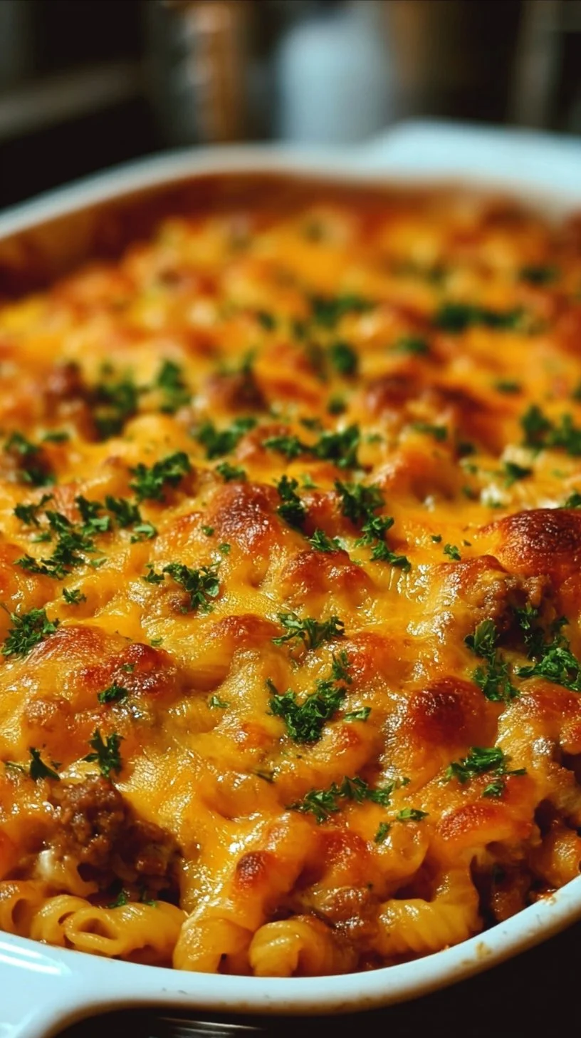Cheesy Hamburger Casserole topped with melted cheese and herbs