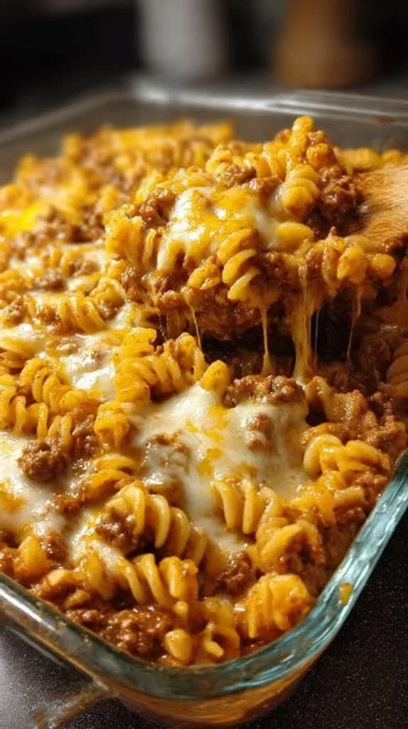 Cheesy Hamburger Casserole Bake served in a dish