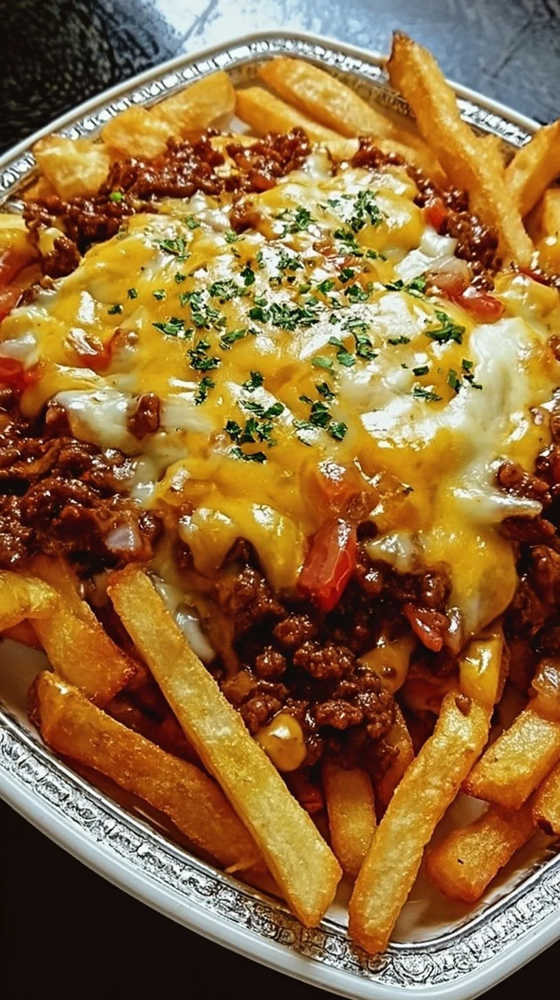 Delicious cheesy loaded beef fries topped with melted cheese and seasoned ground beef