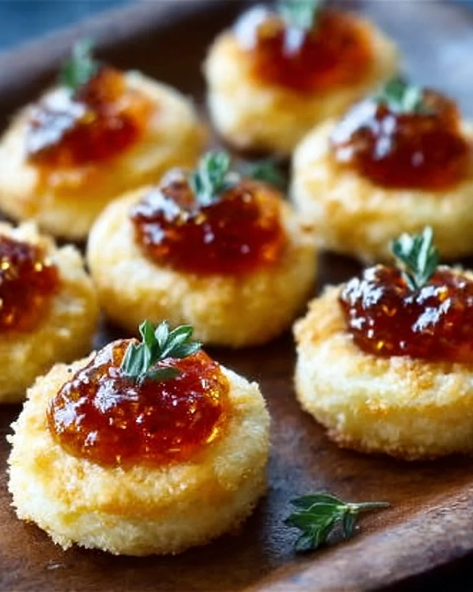 Cheesy thumbprint appetizers with hot pepper jelly ready to serve.