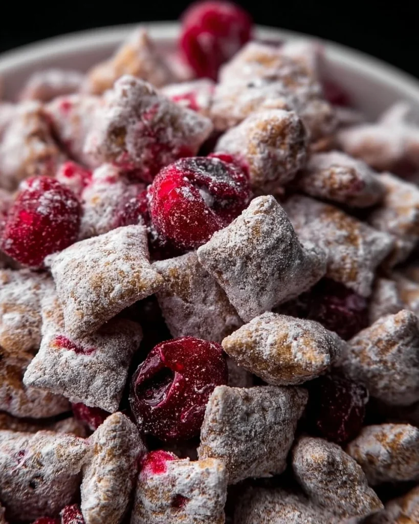 Bowl of Cherry Cheesecake Puppy Chow topped with cherries and chocolate drizzle