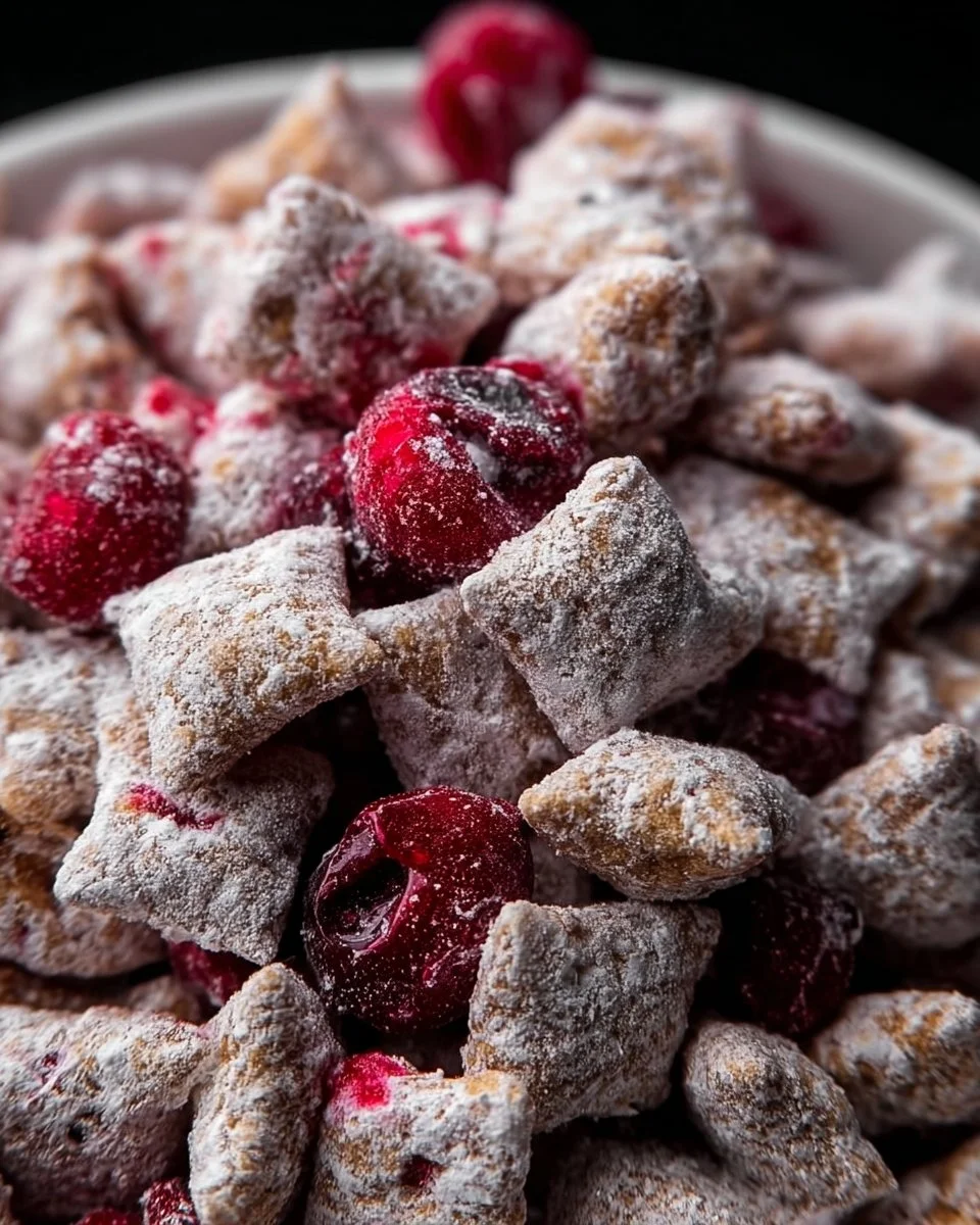 Bowl of Cherry Cheesecake Puppy Chow topped with cherries and chocolate drizzle