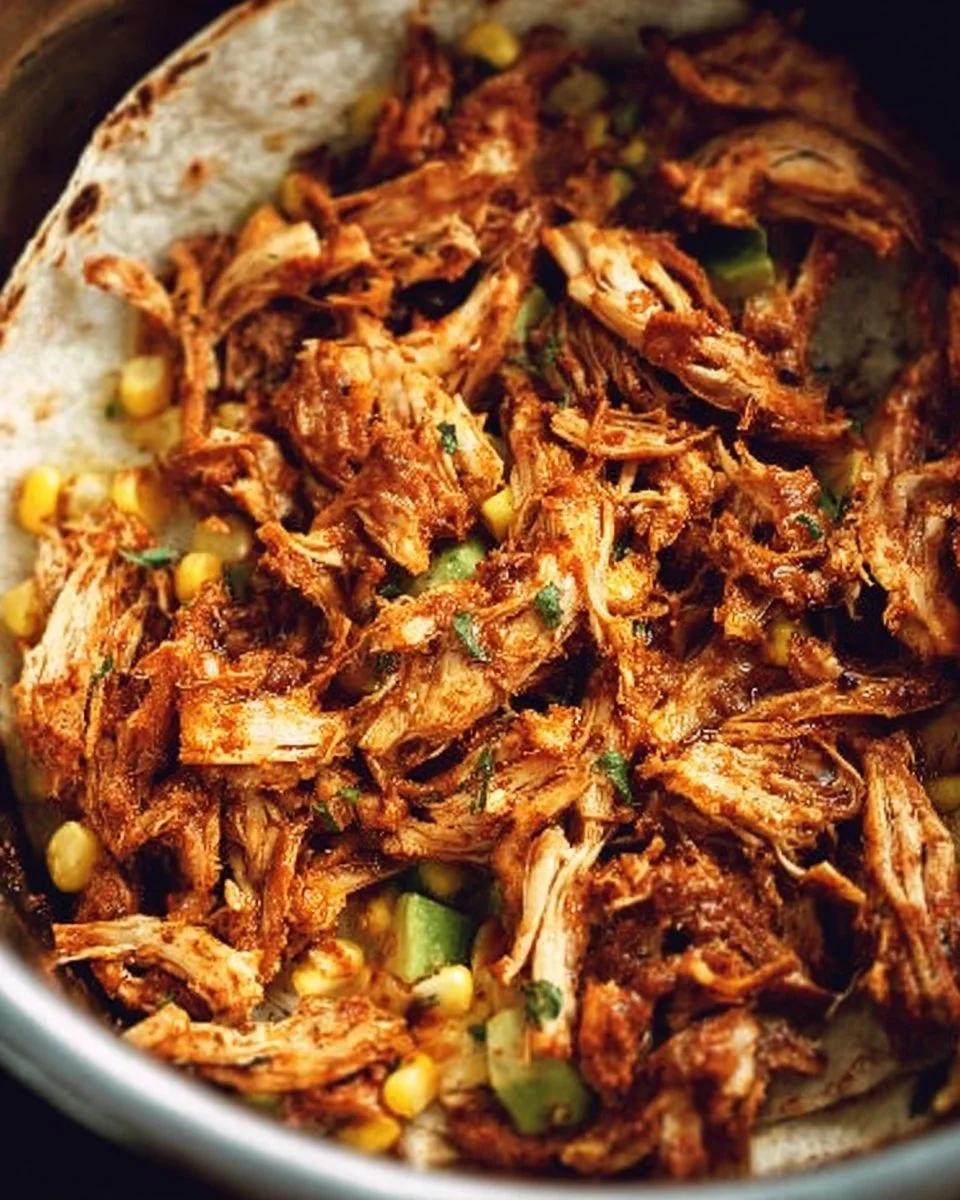 Instant Pot Chicken Carnitas dish, tender pulled chicken ready for tacos