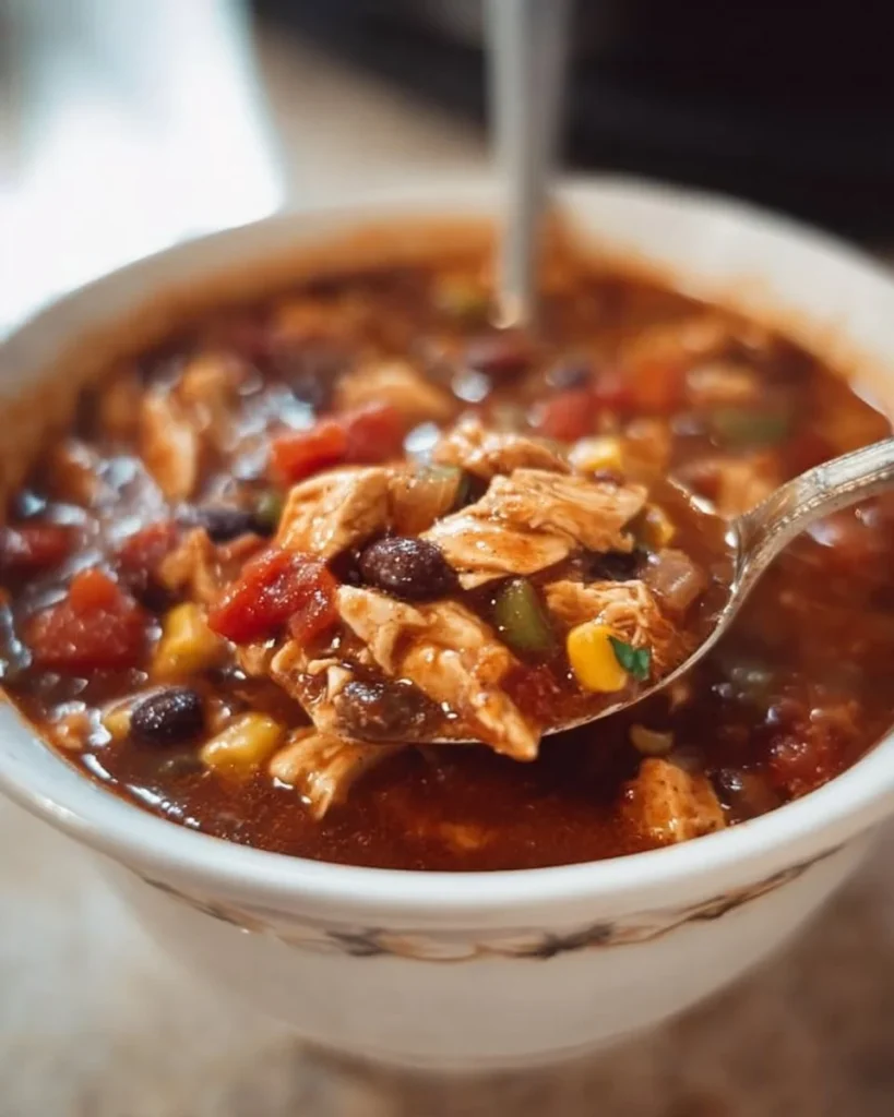 Bowl of flavorful Chicken Chili topped with fresh herbs and cheese