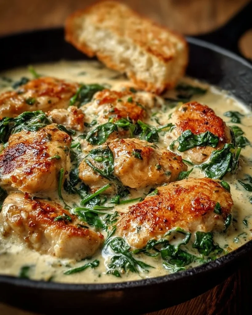Plate of Chicken Florentine with spinach and creamy sauce