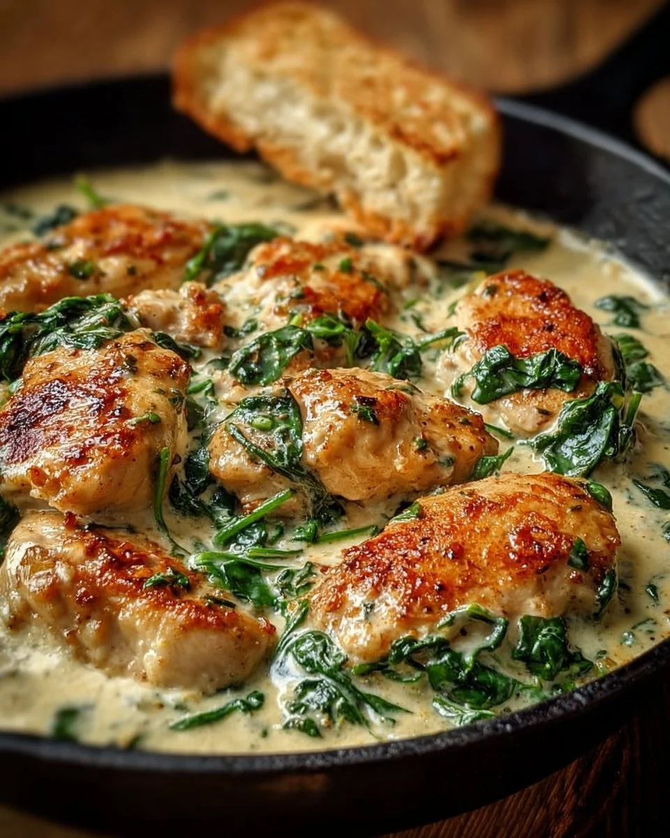 Plate of Chicken Florentine with spinach and creamy sauce