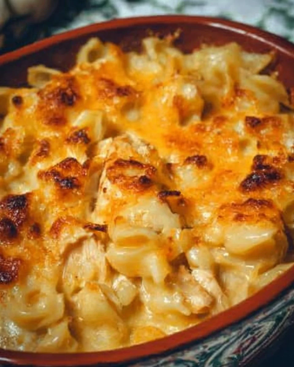 Chicken Macaroni Casserole topped with cheese and herbs in a baking dish