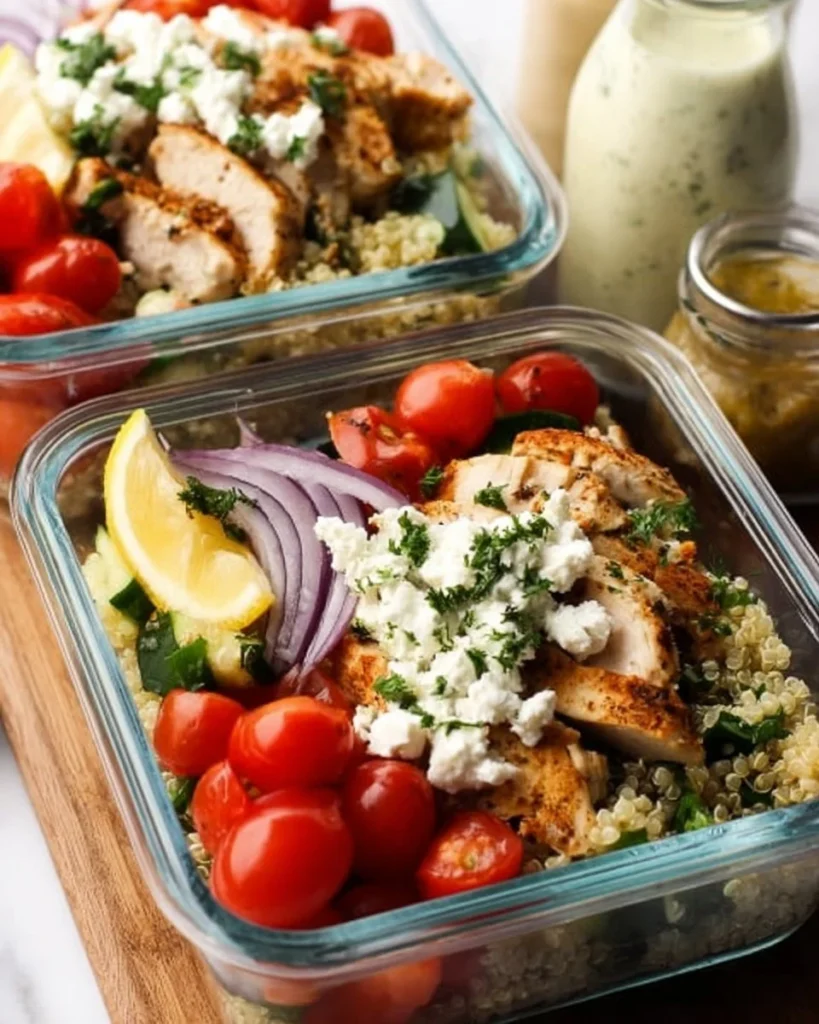 Delicious Chicken Quinoa Mediterranean Meal Prep Bowl with fresh vegetables