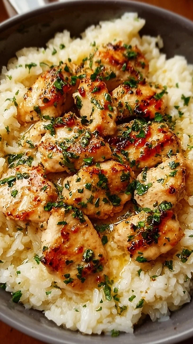 Delicious Chicken Scampi served with Garlic Parmesan Rice on a plate.