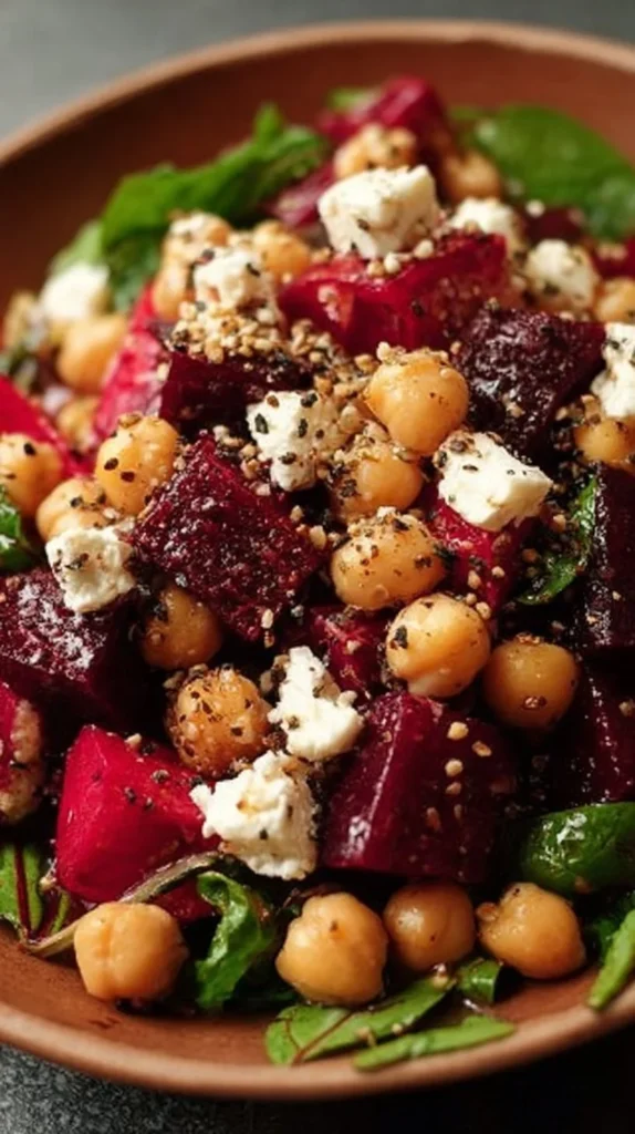 Chickpea Beet Feta Salad with fresh ingredients and vibrant colors