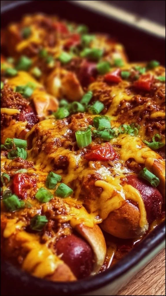 Delicious Chili Cheese Dog Bake Dinner in a casserole dish