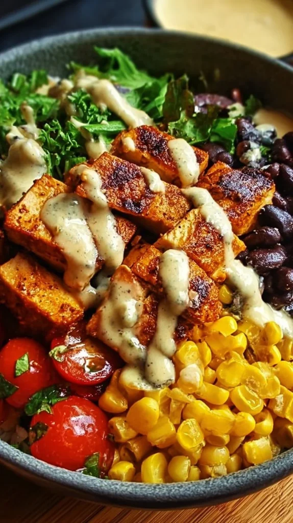 Chipotle Chicken Bowl with black beans, corn, and creamy sauce served in a bowl.