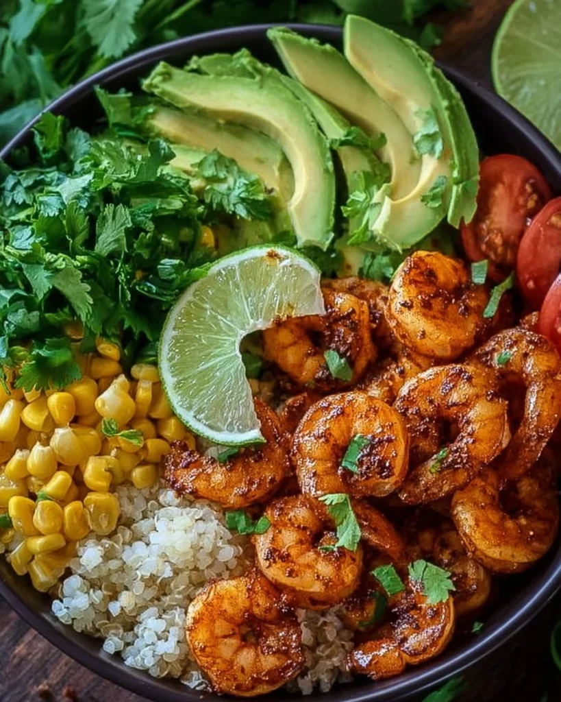 Delicious Chipotle Lime Shrimp Bowl with vibrant vegetables and lime dressing.