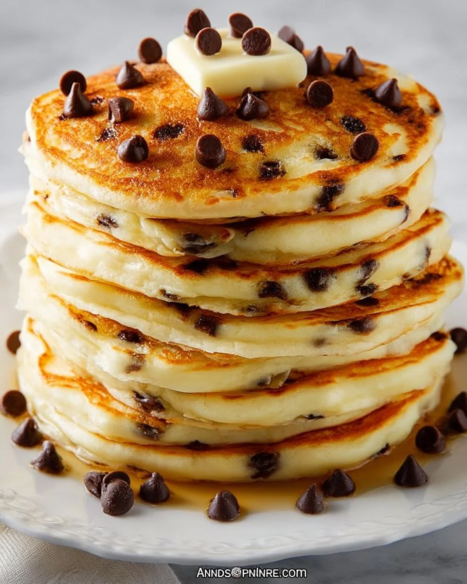 Stacks of fluffy chocolate chip pancakes with melted chocolate chips