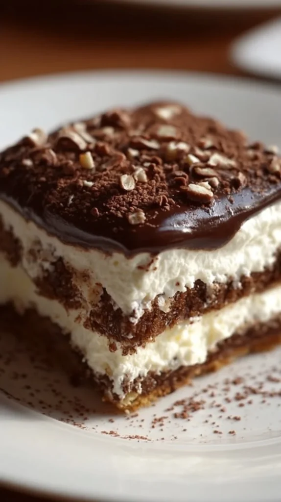 Decadent chocolate layer dessert with creamy texture and rich flavors.