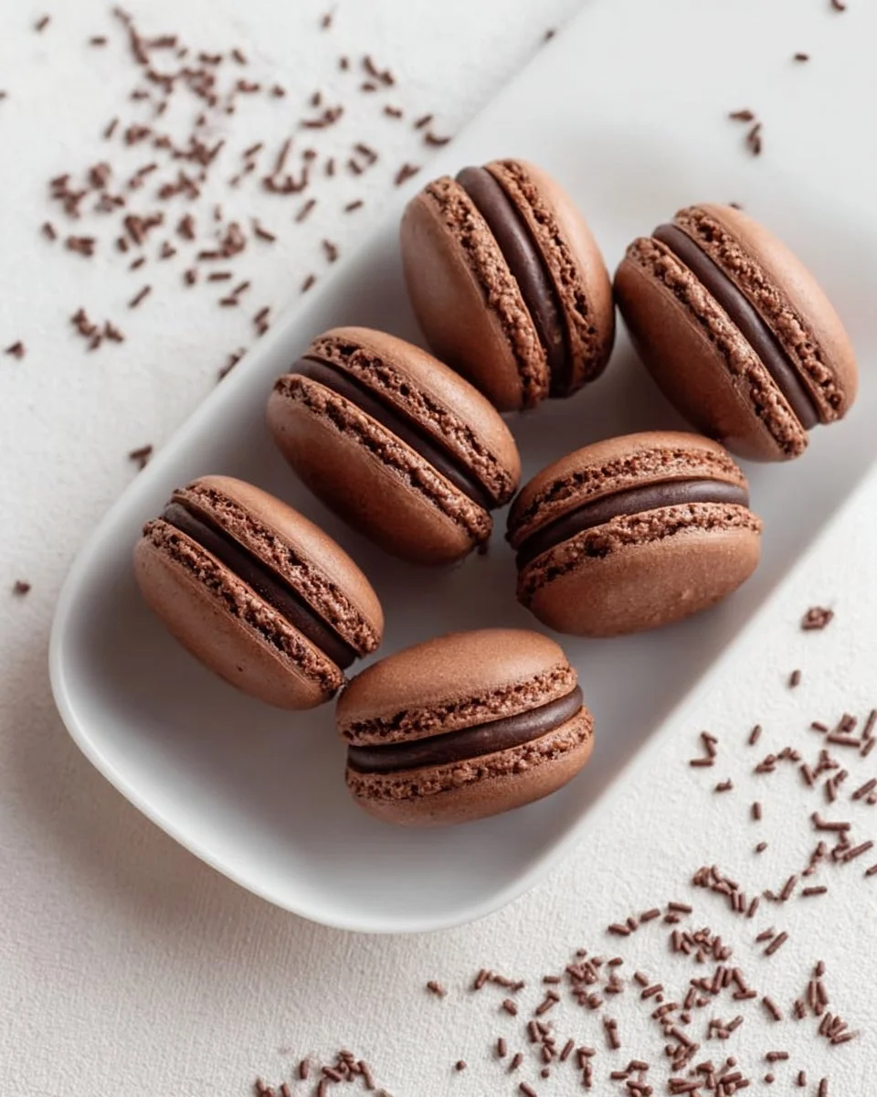 Delicious homemade Chocolate Macarons on a white plate