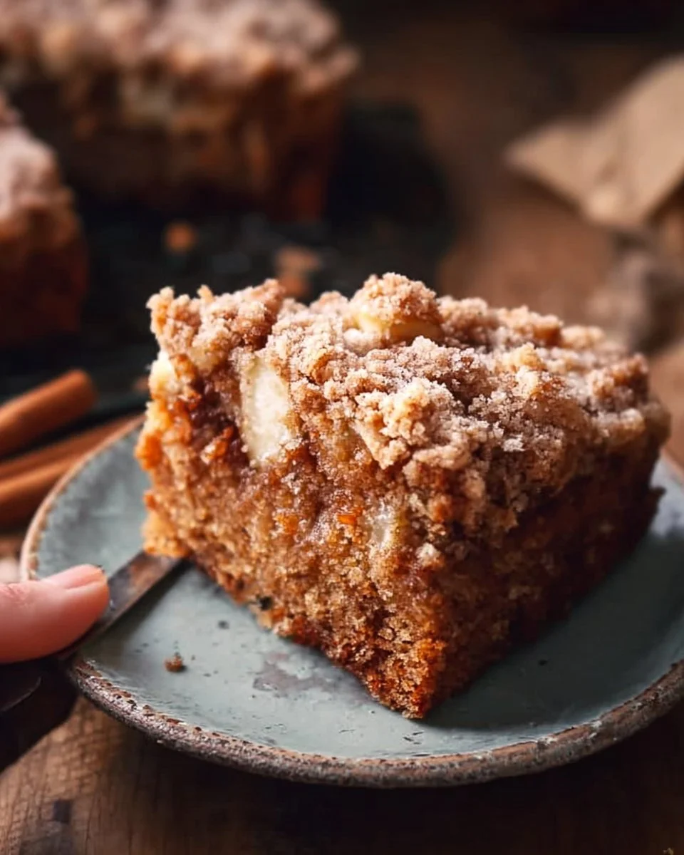 Delicious Cinnamon Apple Crumb Cake topped with a buttery crumb layer