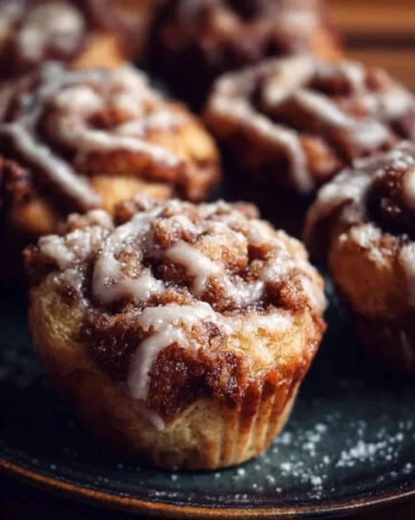 Delicious cinnamon rolls muffins topped with icing and cinnamon