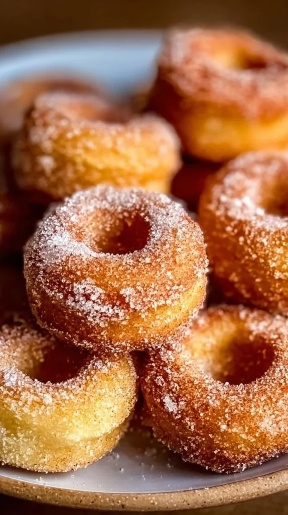 Delicious cinnamon sugar mini donuts laid out on a plate.
