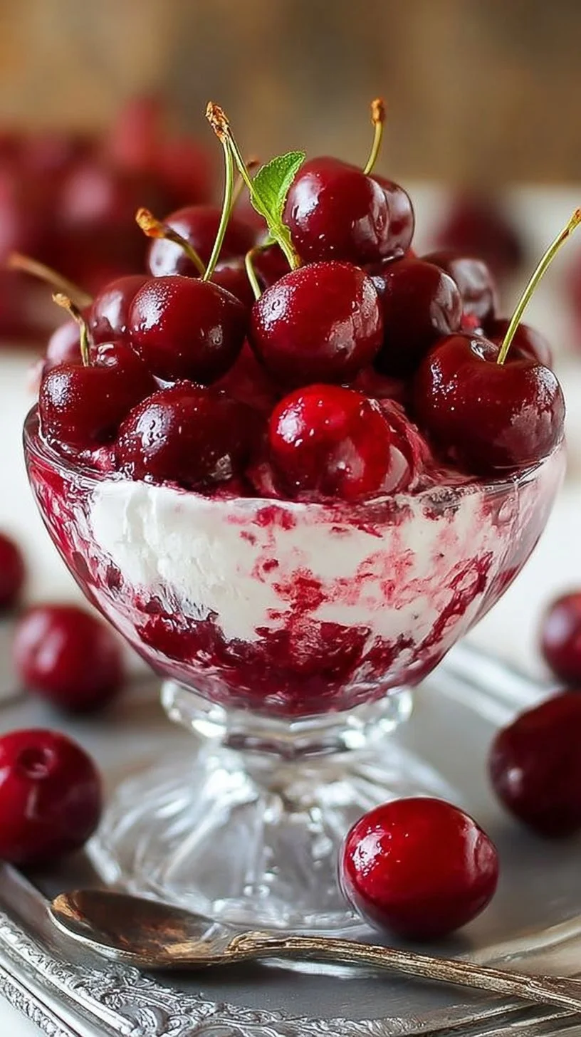Classic Cherry Delight dessert with fresh cherries and whipped cream