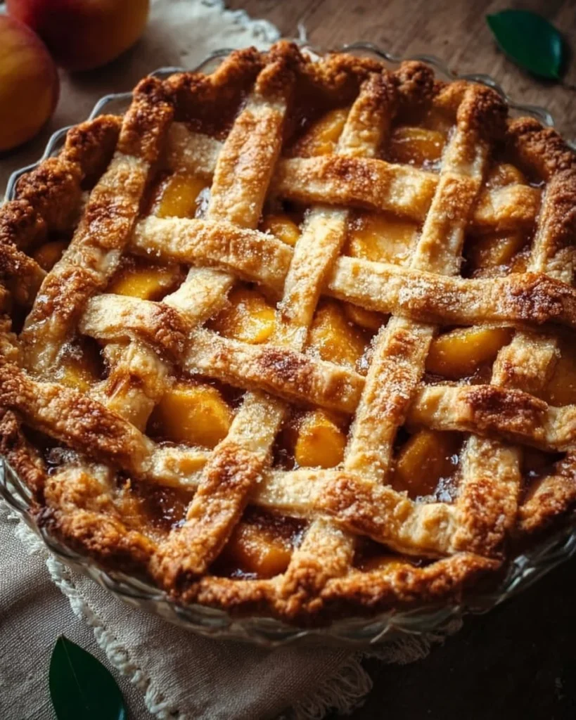 Delicious classic peach pie dessert with fresh peaches and flaky crust