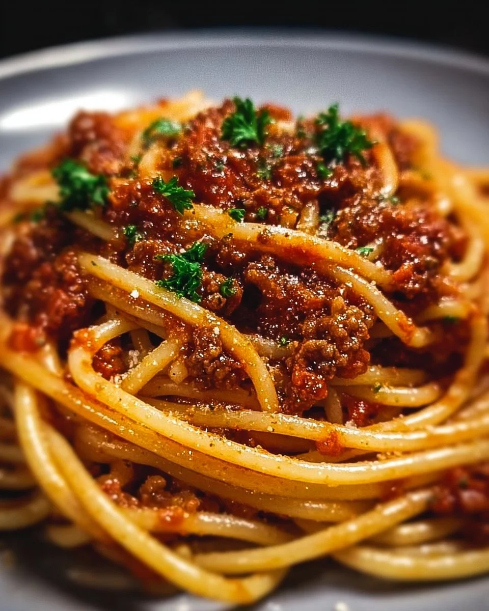 Plate of classic spaghetti bolognese topped with fresh herbs and parmesan cheese