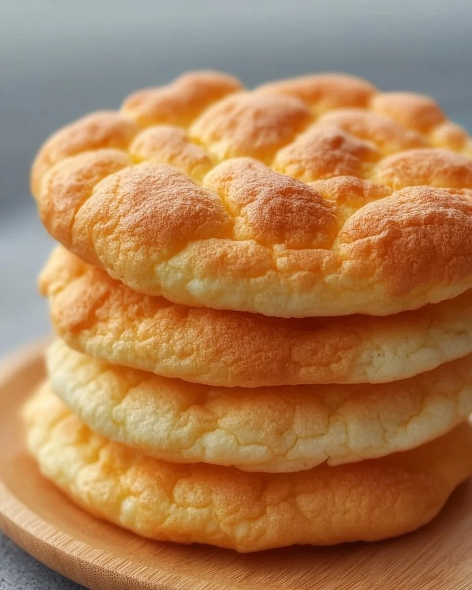 A fluffy loaf of cloud bread on a wooden cutting board