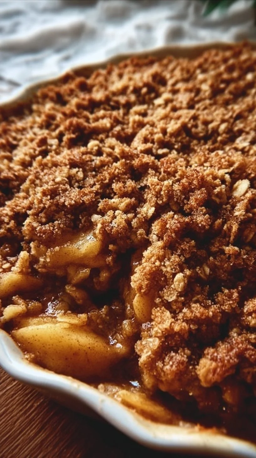 Delicious homemade cozy apple crisp dessert topped with crunchy oats and spices.