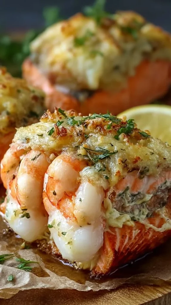 Crab and shrimp stuffed salmon fillet ready to serve on a plate
