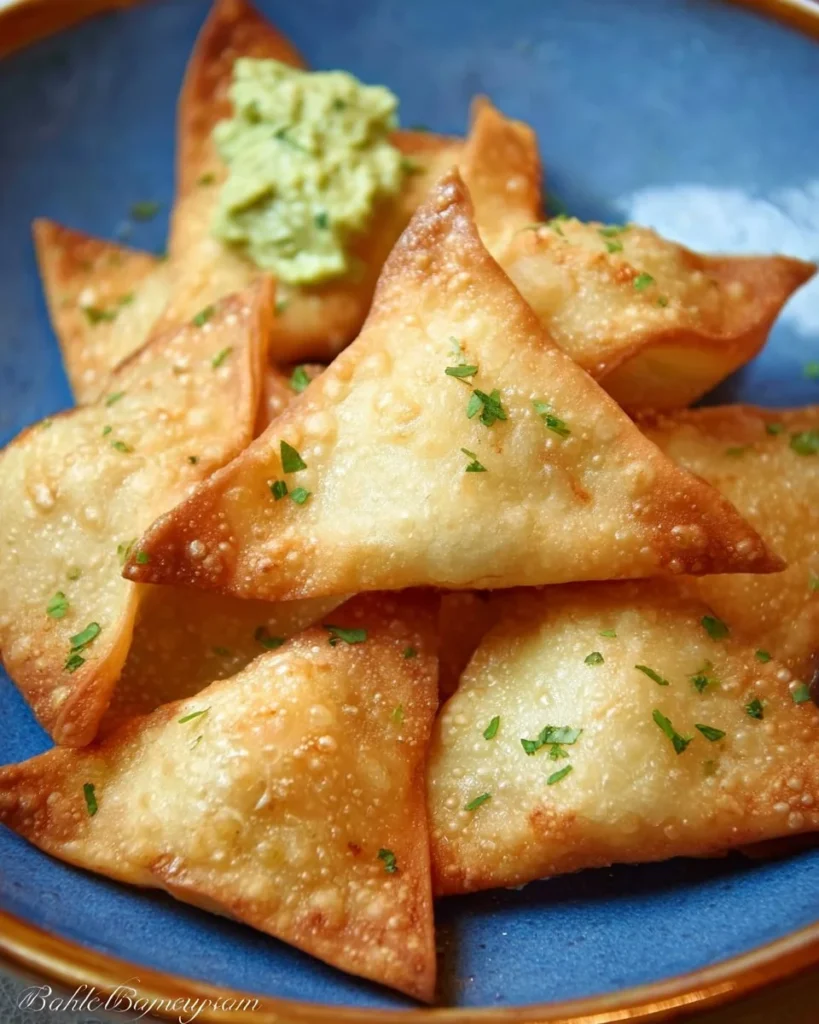 Delicious cream cheese and avocado wontons on a plate