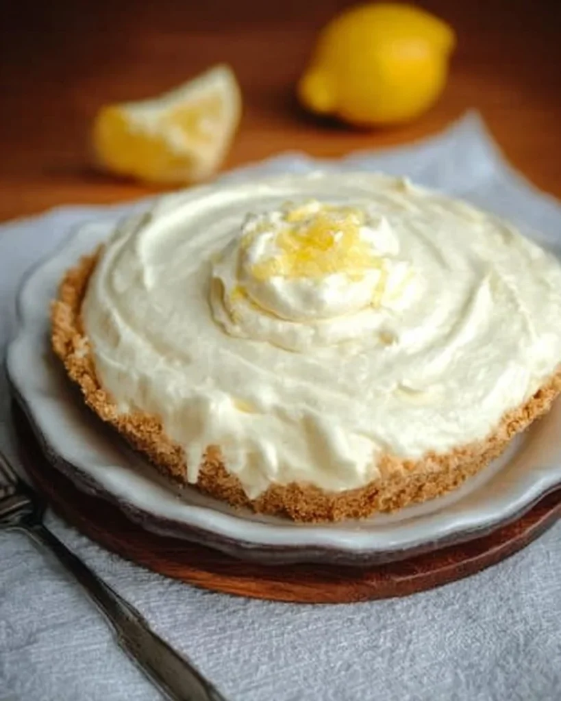 Cream Cheese Lemonade Pie topped with fresh lemon slices and whipped cream.