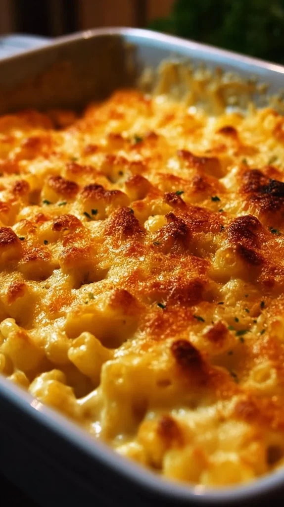 Bowl of creamy baked mac and cheese topped with golden breadcrumbs