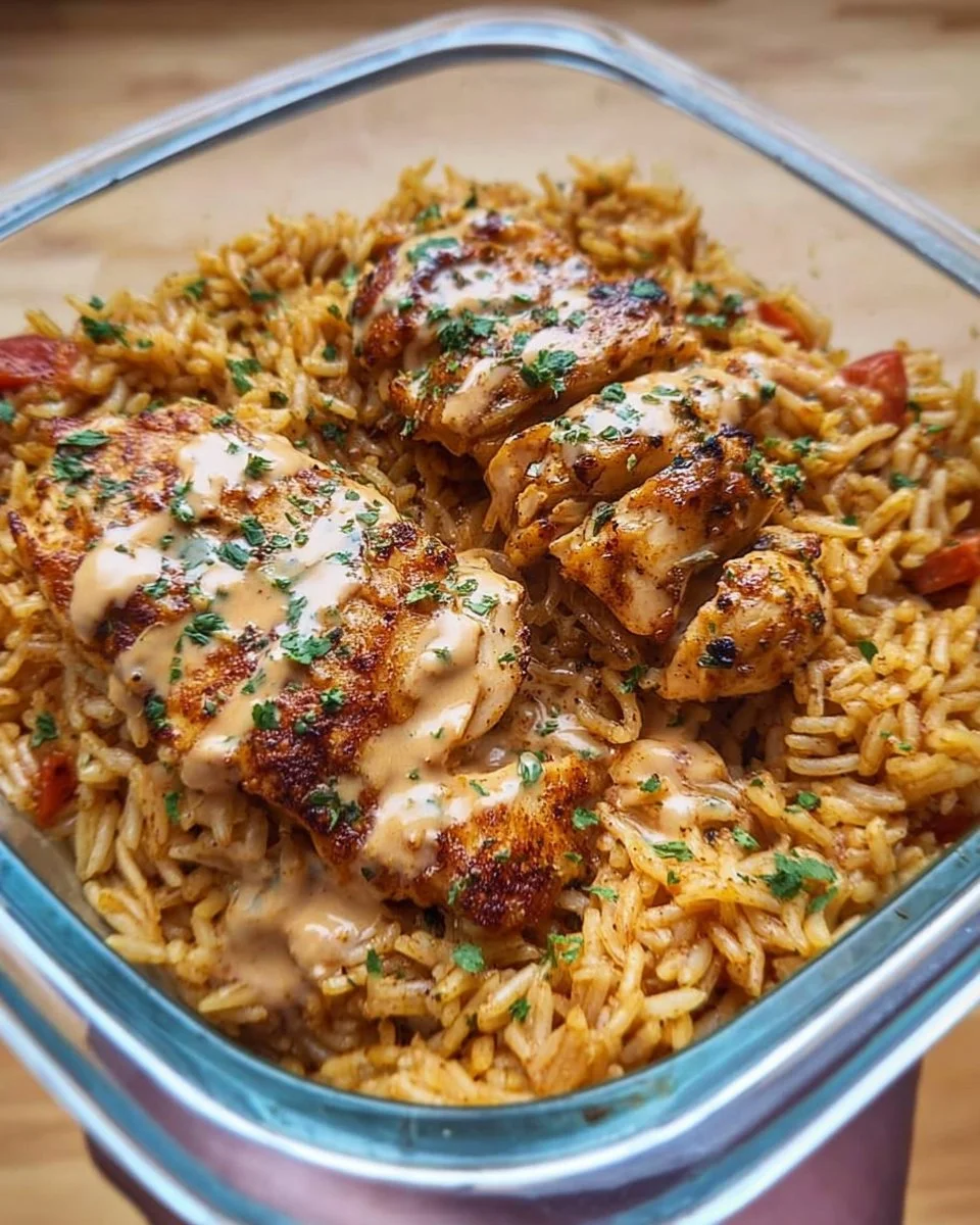 Creamy Cajun chicken and rice dish garnished with herbs for a healthy meal.