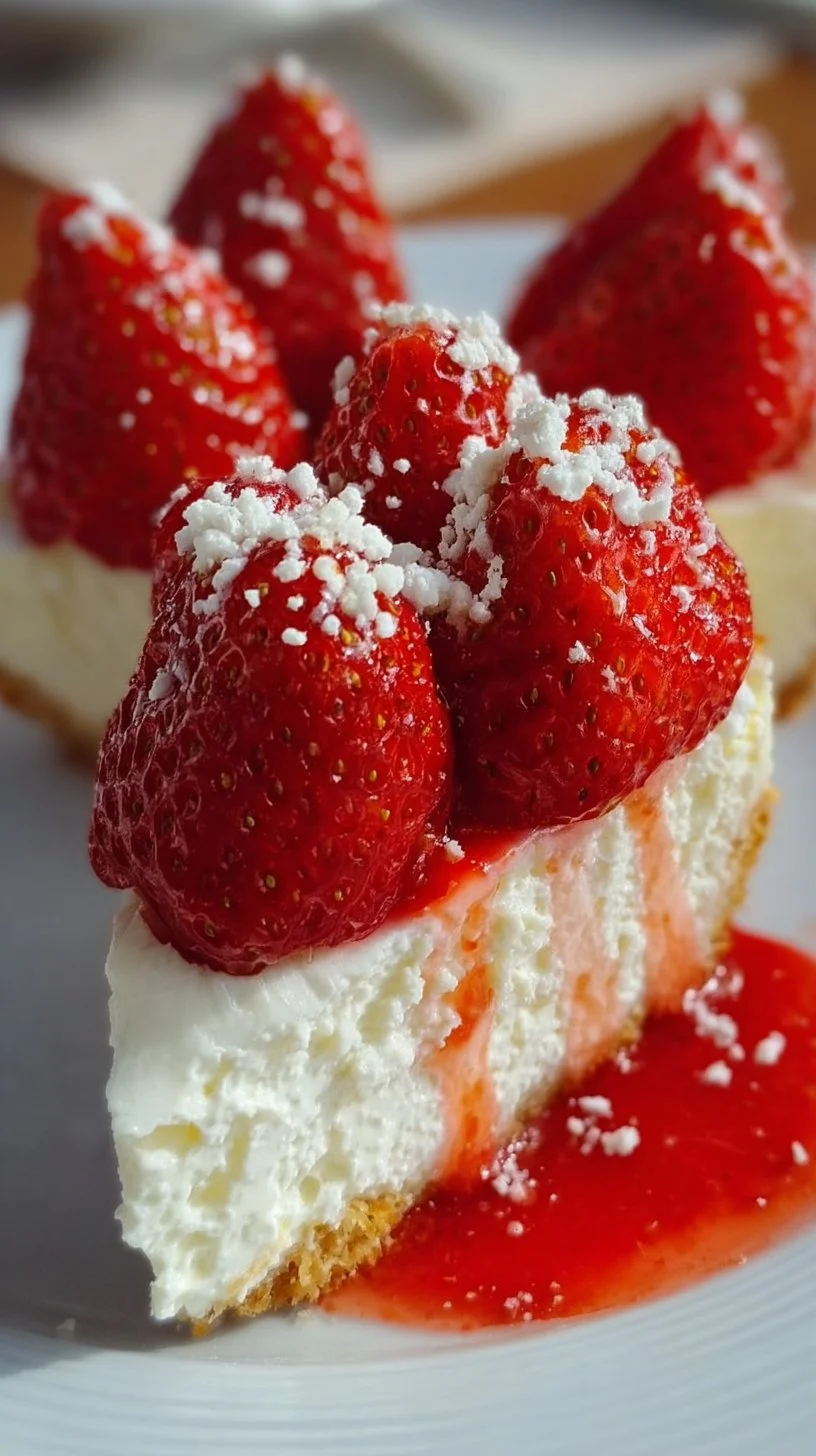 Delicious creamy strawberry cheesecake topped with fresh strawberries