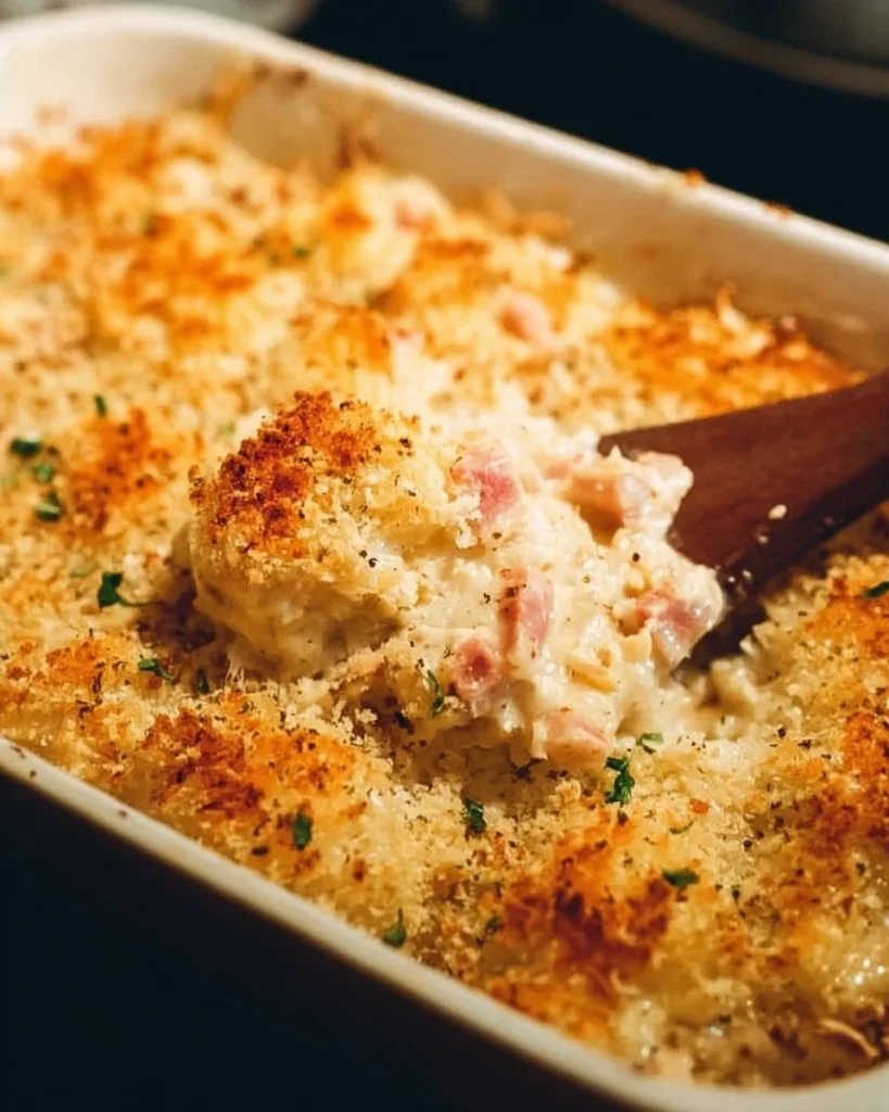 Creamy Chicken Cordon Bleu Casserole with cheese and ham