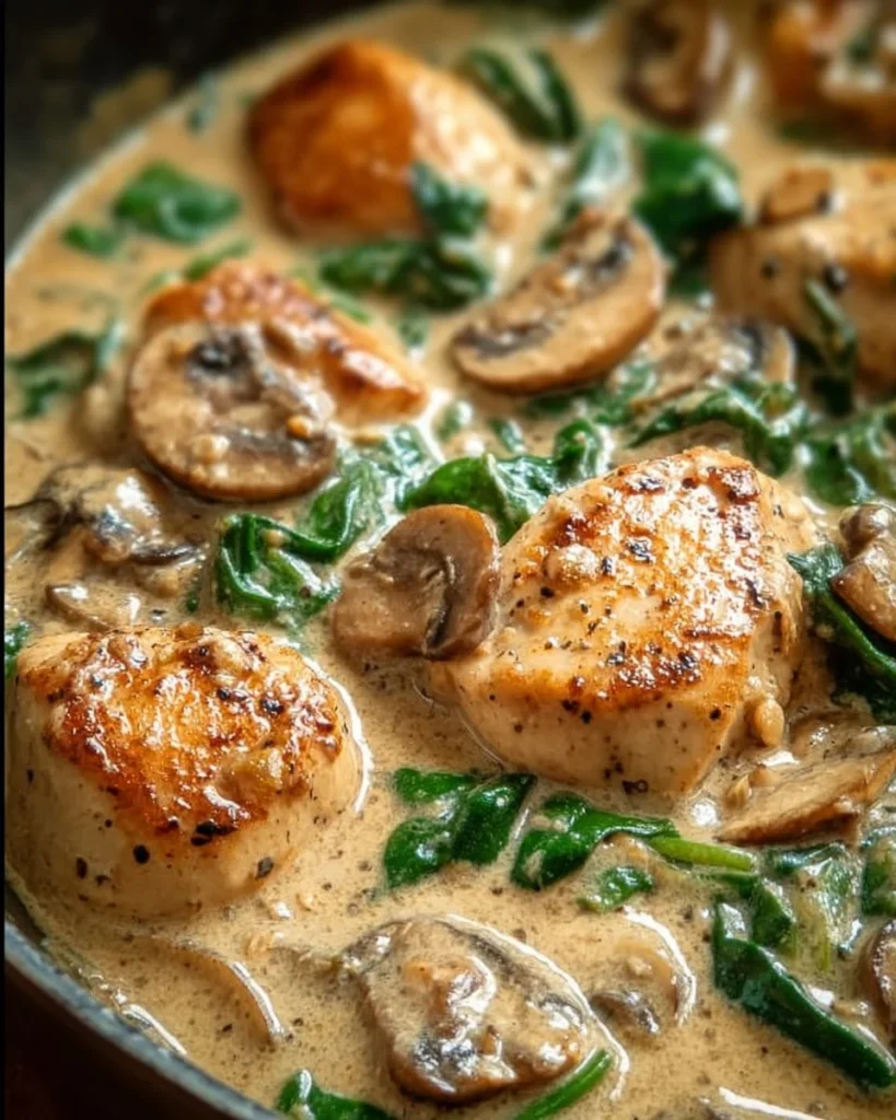 Creamy chicken mushroom spinach skillet recipe in a pan