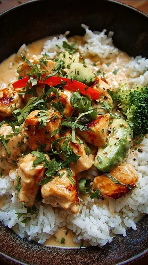 Creamy coconut chicken rice bowl topped with fresh herbs and colorful vegetables