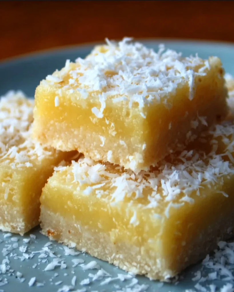 Creamy coconut lemon squares dessert with coconut flakes and lemon zest