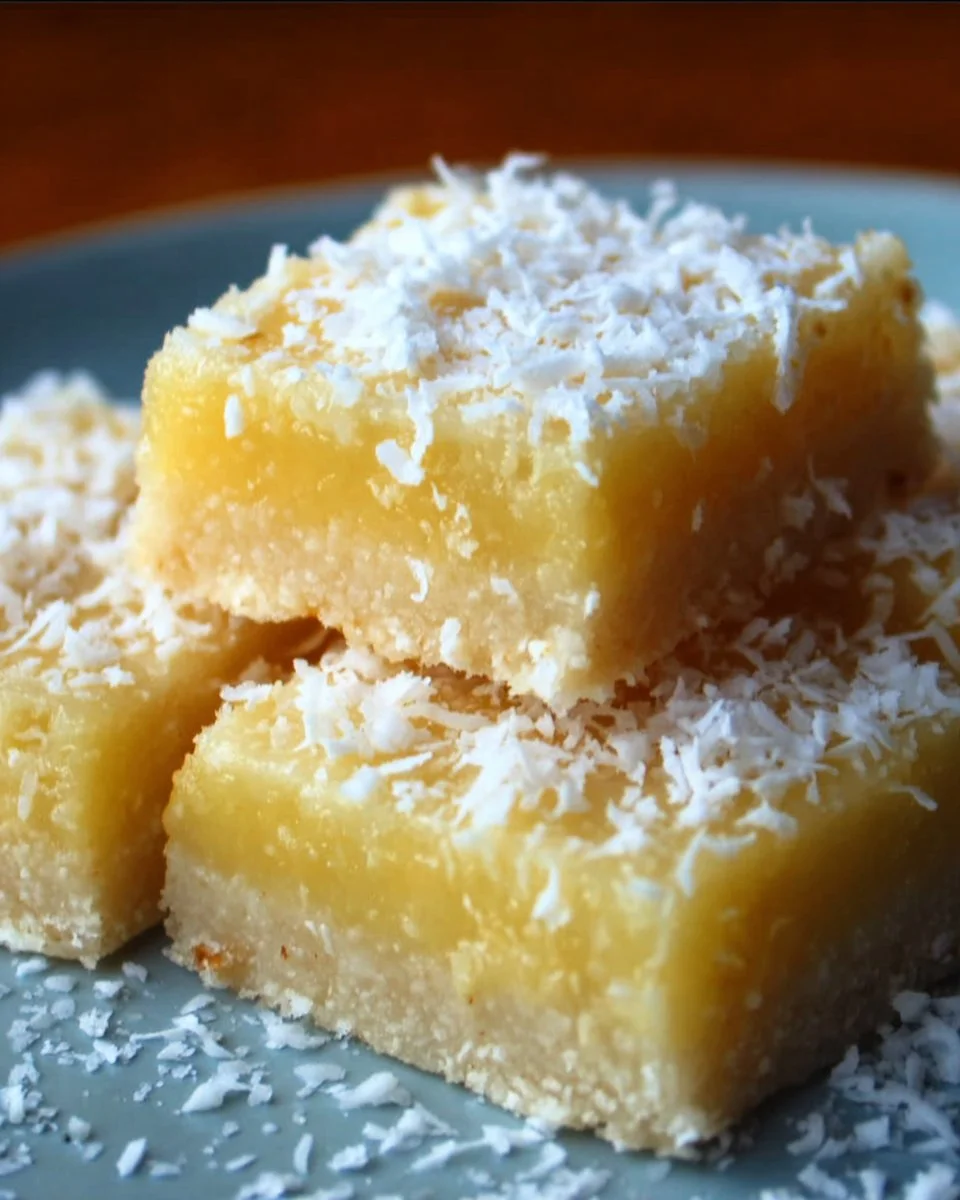 Creamy coconut lemon squares dessert with coconut flakes and lemon zest