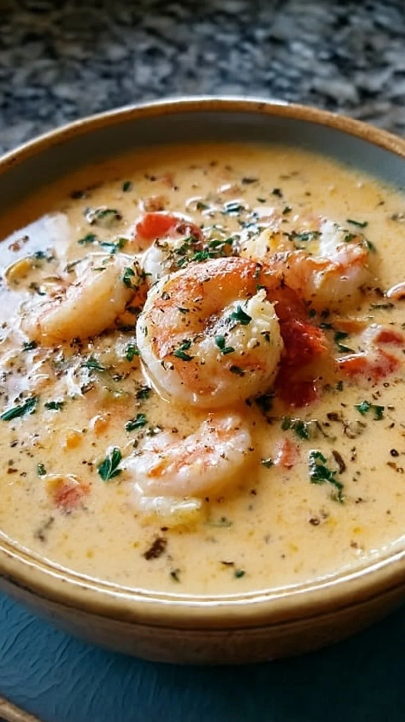 Bowl of creamy crab and shrimp bisque garnished with herbs