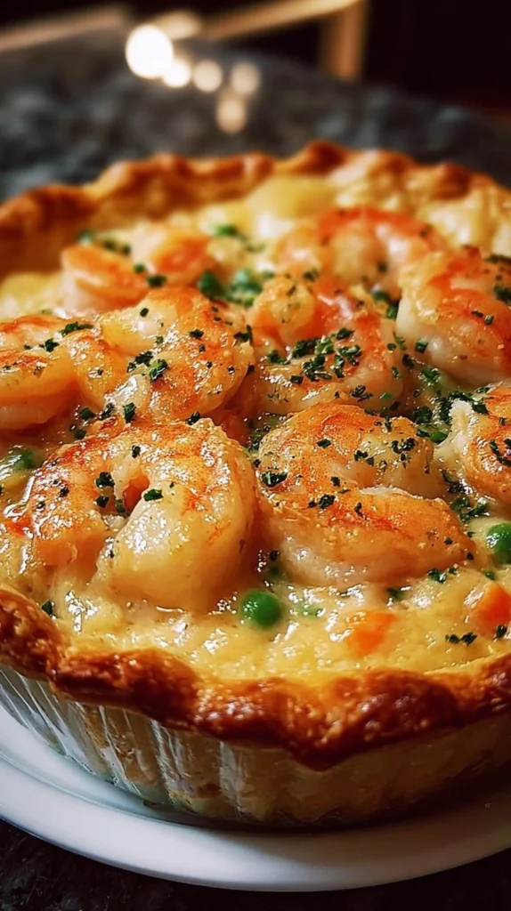 Creamy Florida shrimp pie topped with golden brown crust and fresh herbs.