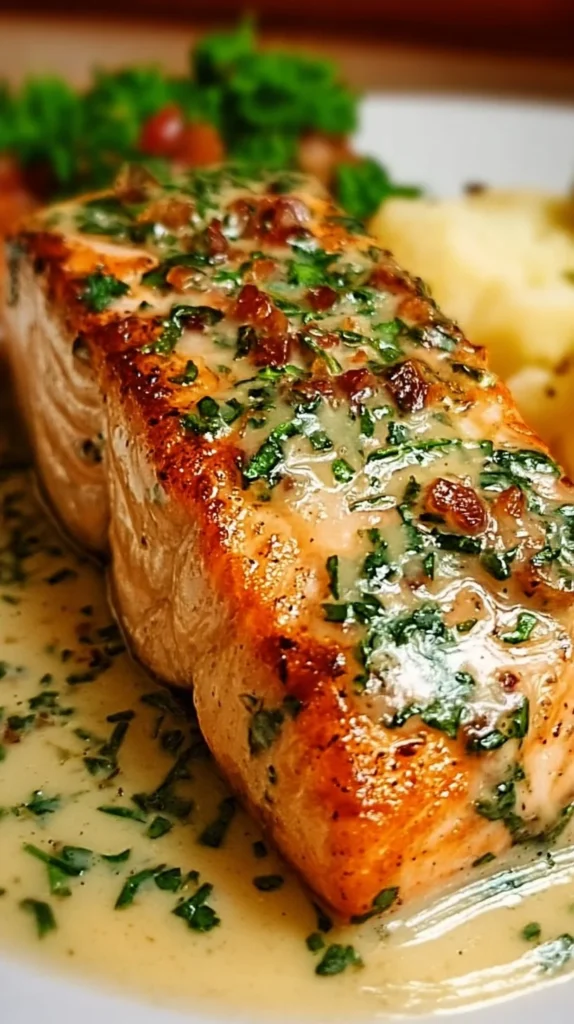 Creamy Garlic Marry Me Salmon dish garnished with herbs