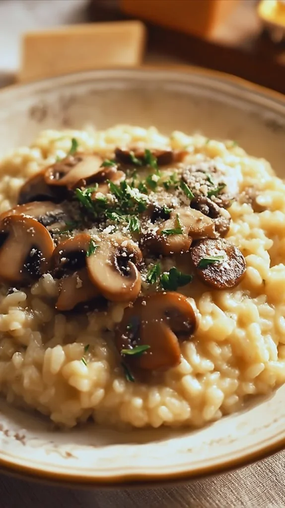 A bowl of creamy mushroom risotto garnished with fresh herbs