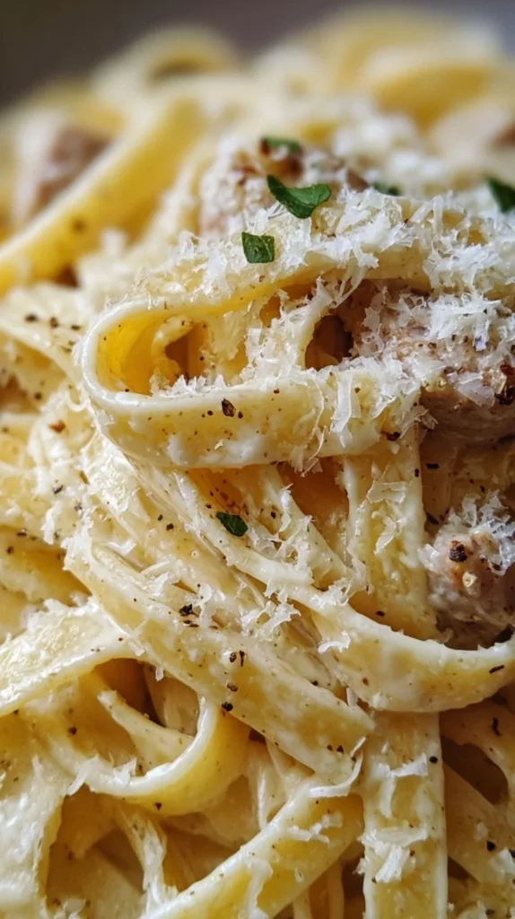 Creamy Parmesan fettuccine pasta served in a bowl garnished with herbs