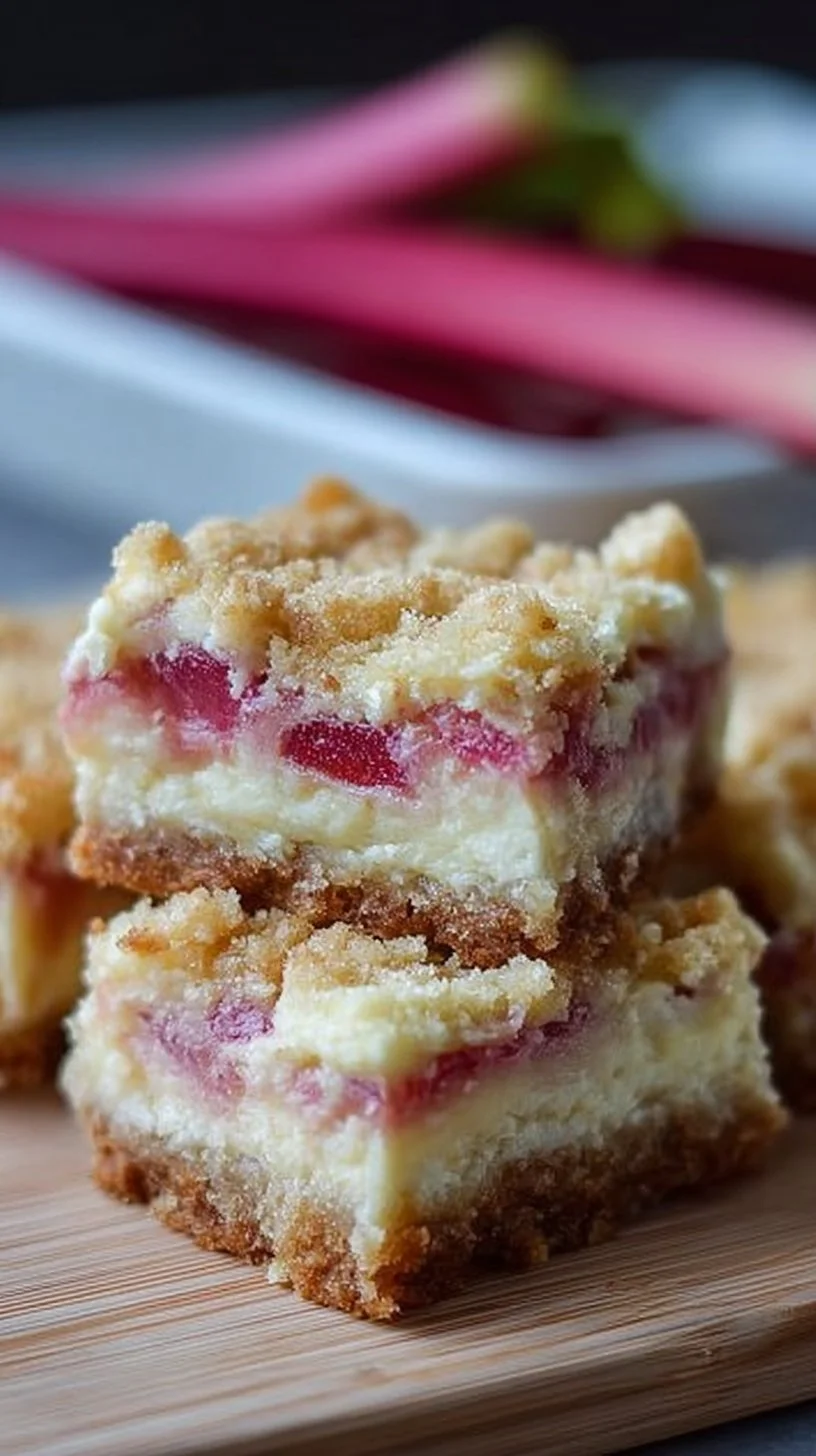 Delicious creamy rhubarb cream cheese bars on a plate