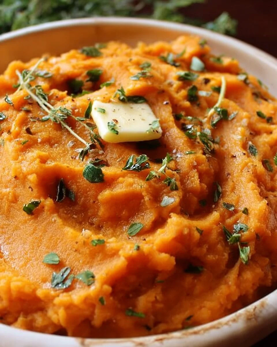 Creamy savory mashed sweet potatoes in a bowl, garnished with herbs