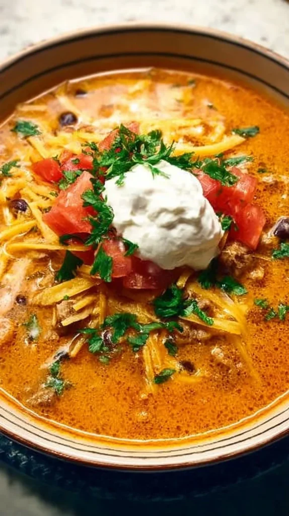 Bowl of creamy taco soup topped with cheese and cilantro