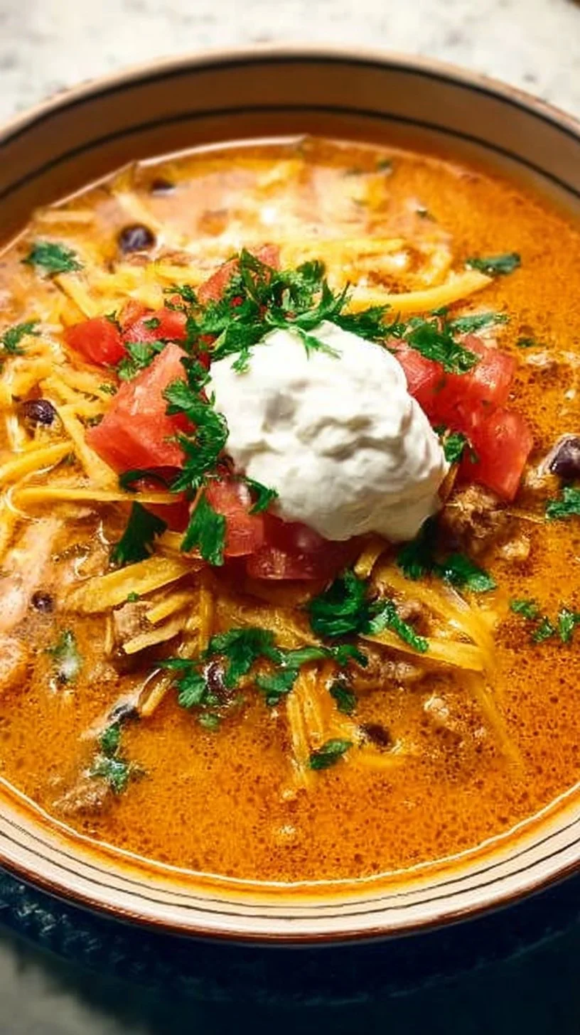 Bowl of creamy taco soup topped with cheese and cilantro