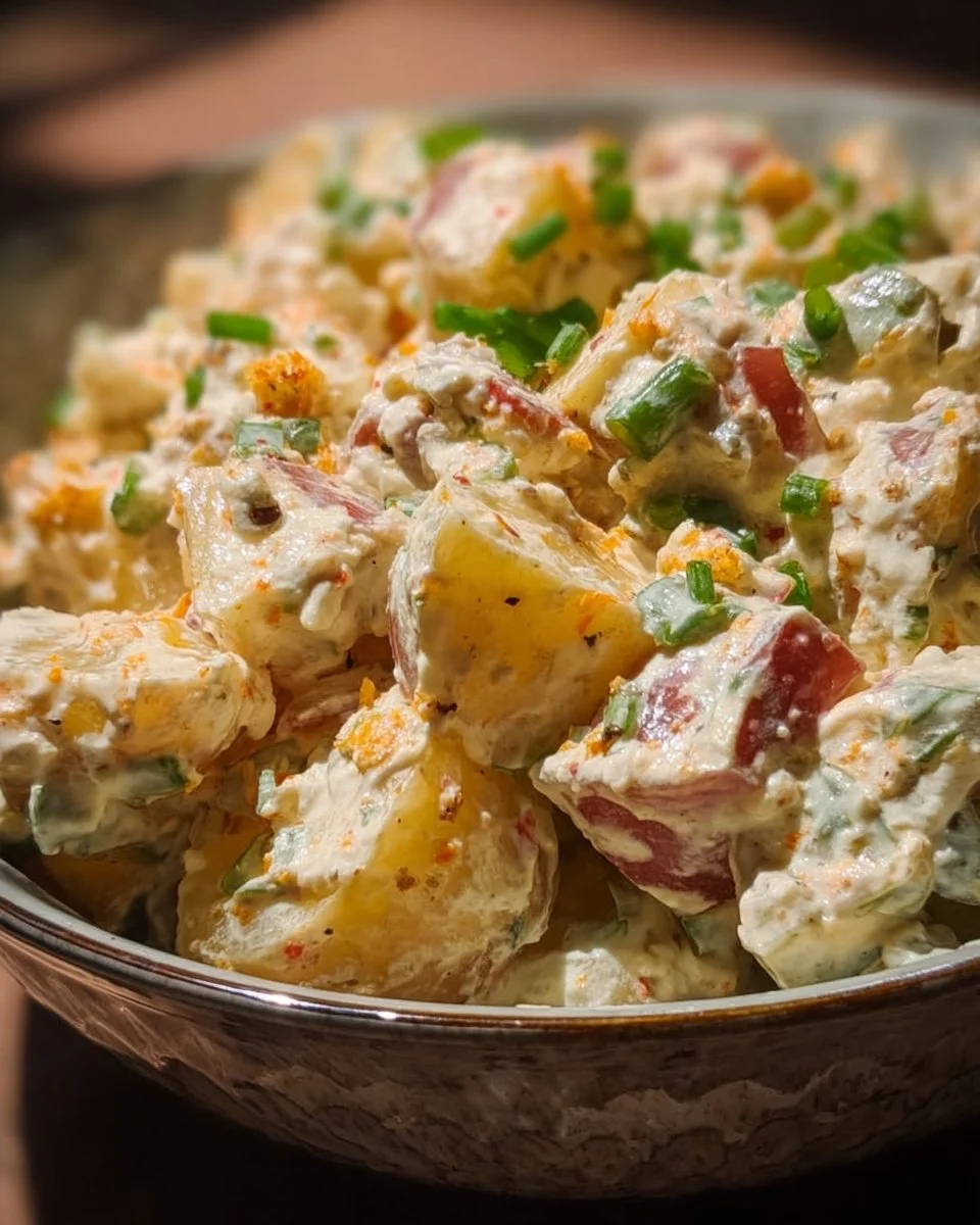 A bowl of Creole Potato Salad with colorful vegetables and spices.