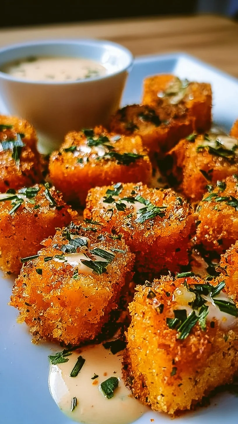 Crispy Bang Bang Salmon Bites served on a plate garnished with herbs